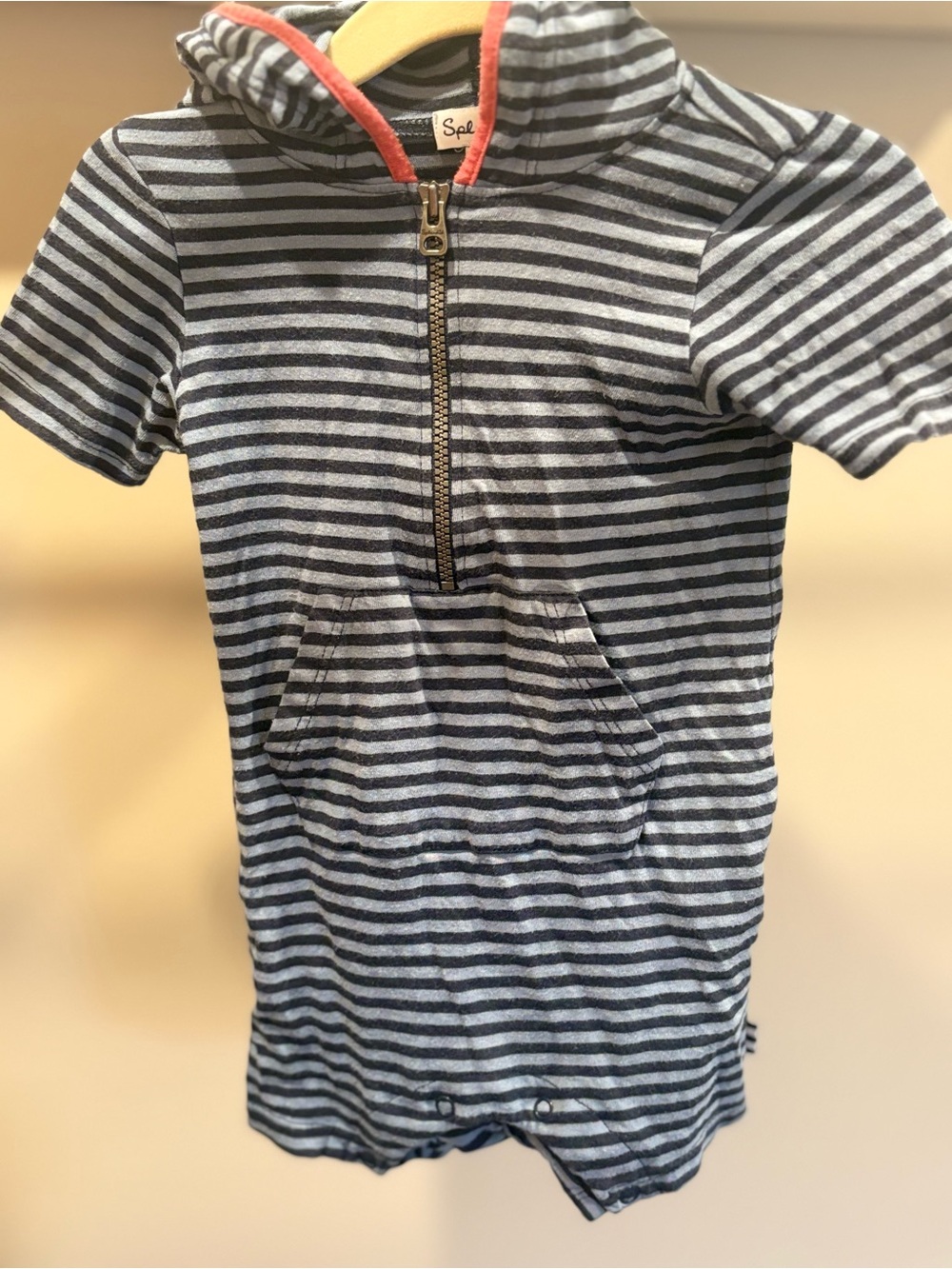 Splendid Navy & Gray Striped Hooded Romper with Coral Trim